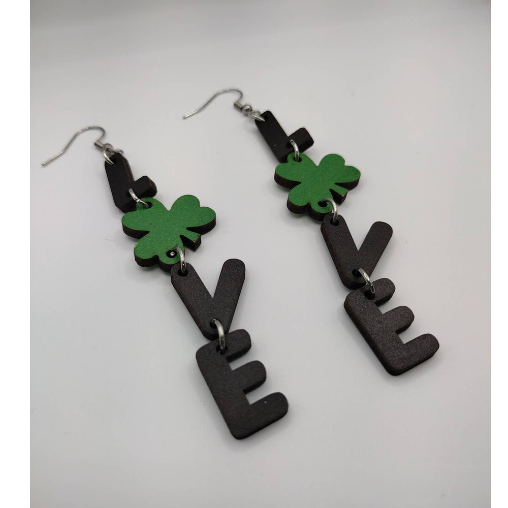 LOVE Shamrock Wooden Dangle St. Patrick's Day 4 Leaf Clover Irish Earrings